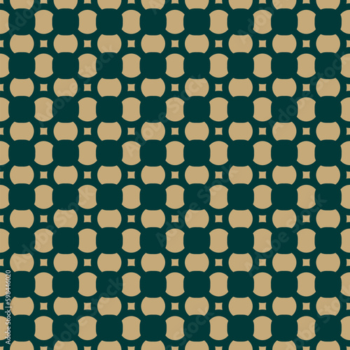 Simple vector geometric seamless pattern with small rounded shapes, flower silhouettes, mesh, grid. Abstract gold and dark green luxury ornament texture. Elegant repeated decorative graphic background