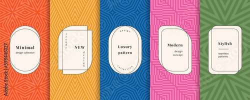 Trendy geometric seamless patterns in retro 1970's - 1980's style. Vector set of colorful backgrounds with elegant minimal labels, frames. Abstract modern line ornament textures. Repeat geo design