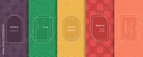 Vector geometric seamless patterns. Retro style backgrounds set with elegant modern minimal labels, stickers. Abstract geometric line ornament textures. Trendy color palette. Elegant decorative design