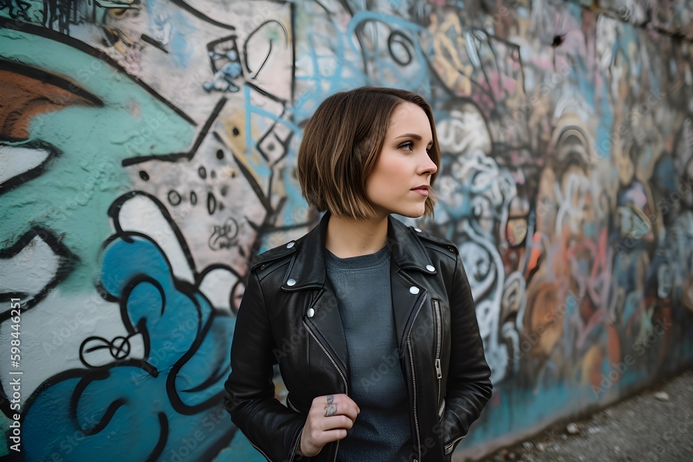 A portrait of a young woman with a bob haircut, wearing a vintage leather jacket, standing in front of a graffiti wall  AI-Generated image
