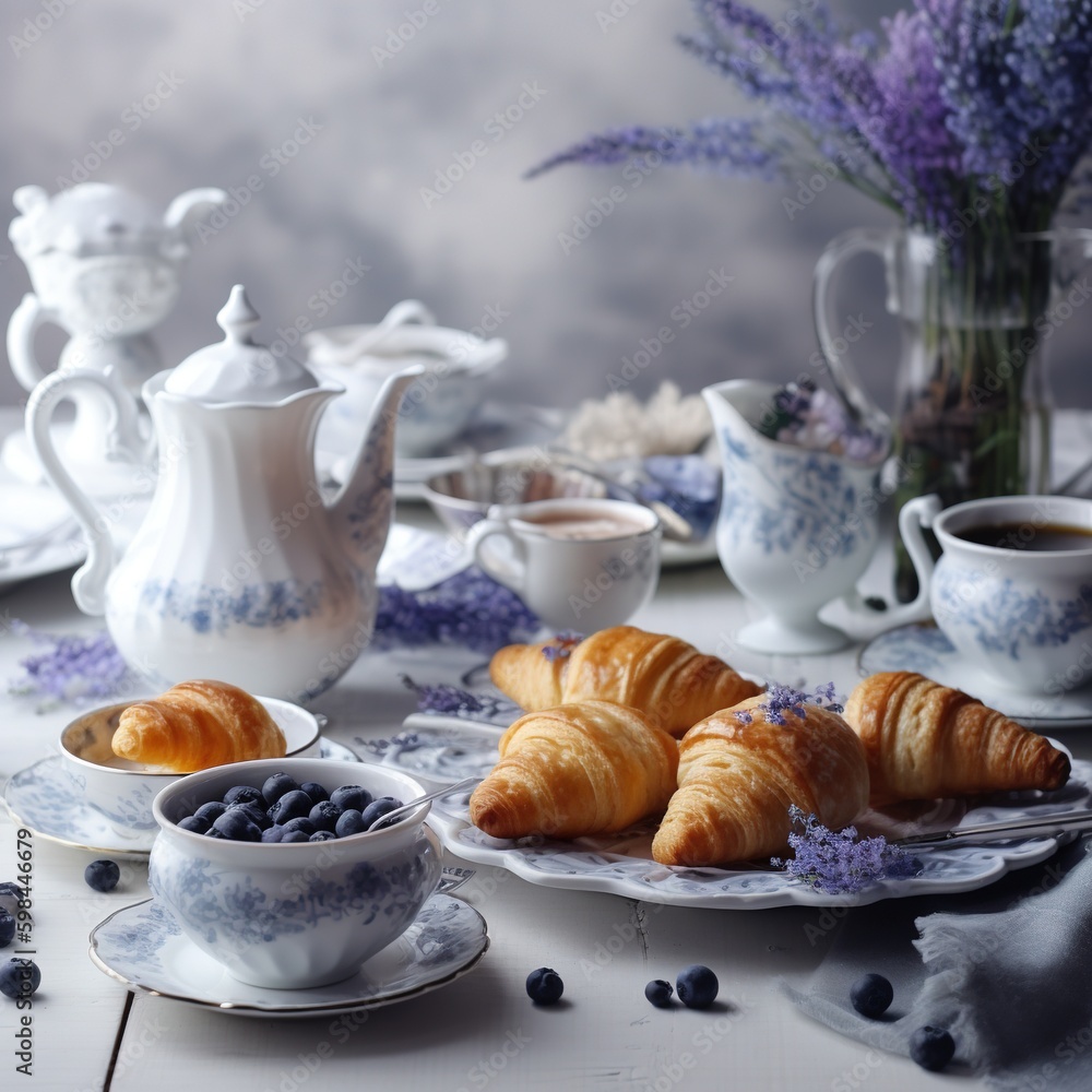 breakfast with croissant and coffee. Generative AI breakfast with croissant and coffee. Generative AI