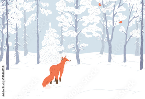 Winter forest landscape with cute fox between trees, flat vector illustration.