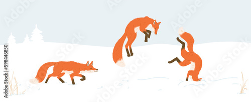 Three funny foxes hunting in snow flat style, vector illustration