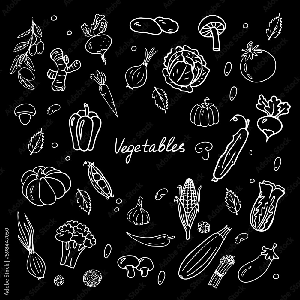 Cute doodle set with vegetables. Great for menu design, packaging, cooking book, banners or advertising. Isolated on black background. Vector illustration EPS10. Cute doodle set with vegetables. Great for menu design, packaging, cooking book, banners or advertising. Isolated on black background. Vector illustration EPS10.