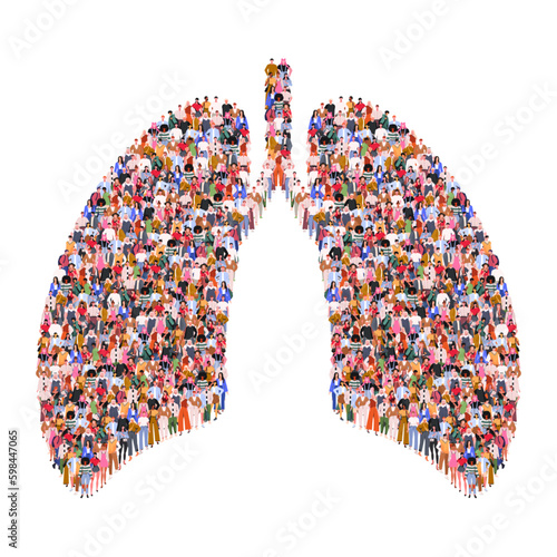 Large group of people in lungs form. Healthy lifestyle. Medicine concept. People standing together. A crowd of male and female characters. Flat vector illustration isolated on white background.