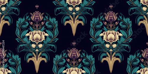Vintage floral damask seamless pattern. Elegant botanical background with flowers, leaves, vignette elements. Rococo, baroque seamless wallpapers design. Illustration created with generative AI tools