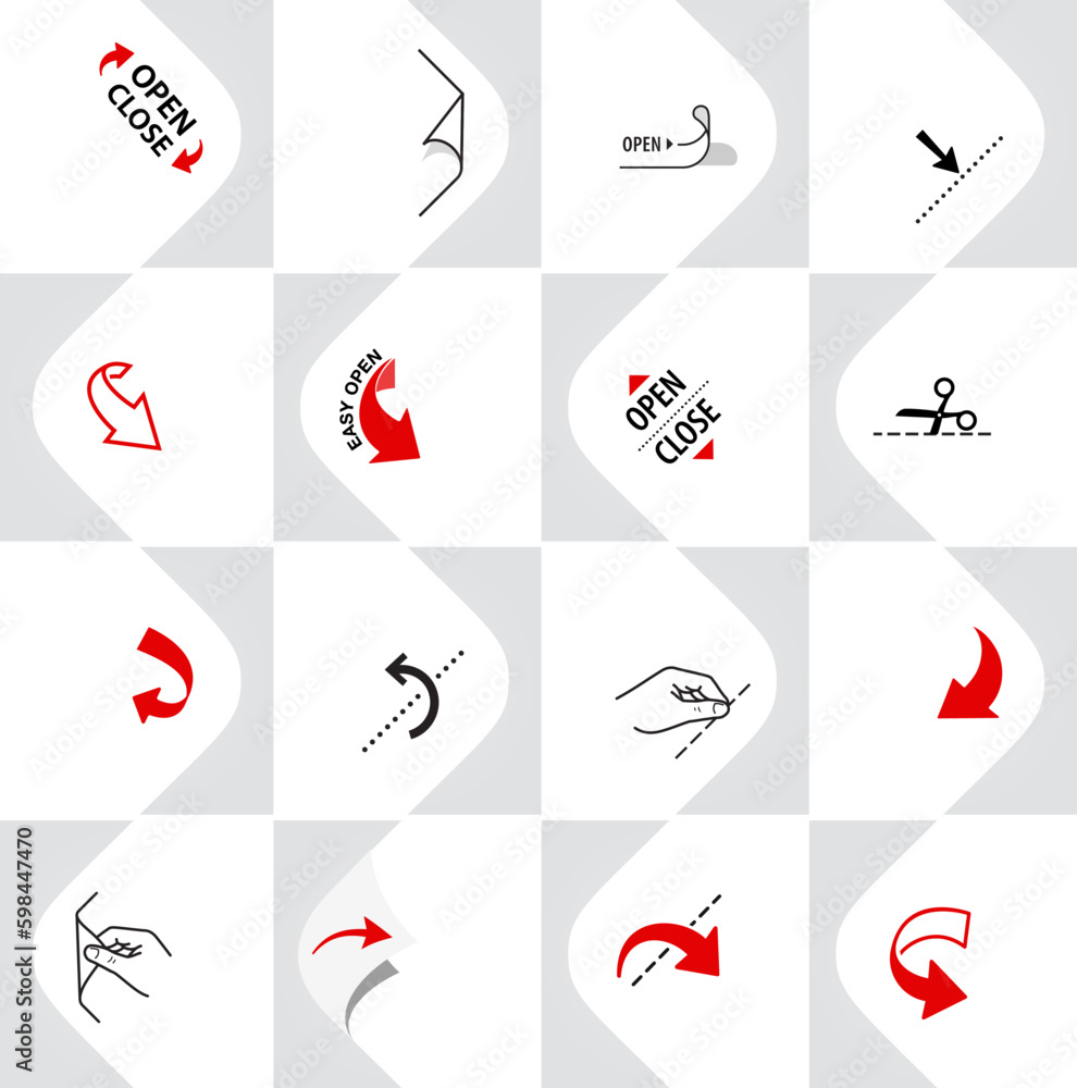 Package arrows icons set. Vector illustration isolated. Set for package, shows the place of opening. EPS10.	