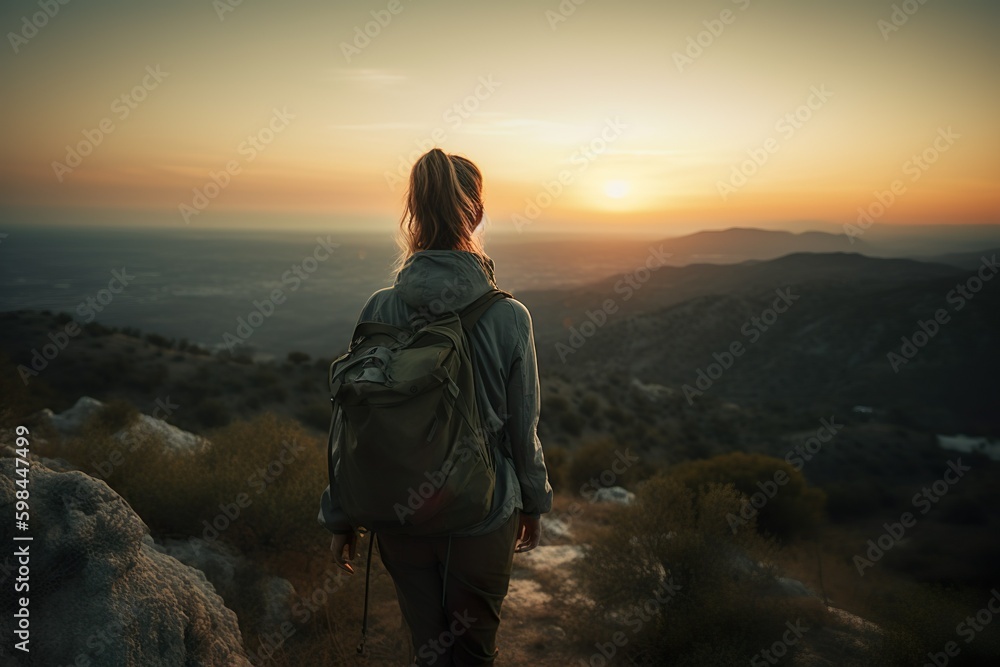 Chica de espaldas en la cima de una montaña, mirando la puesta de sol
