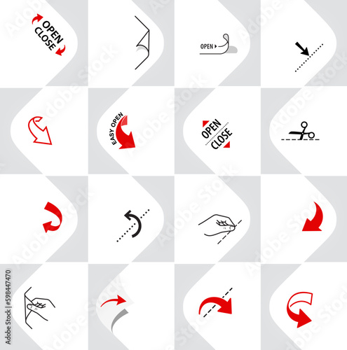 Package arrows icons set. Vector illustration isolated. Set for package, shows the place of opening. EPS10.	