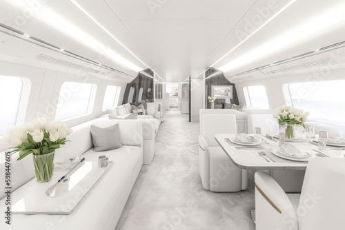 bright interior of a modern luxury jet with the table served