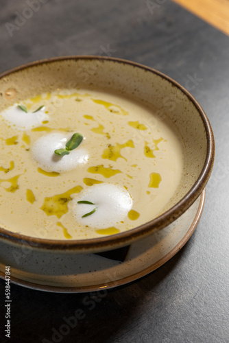 Cream soup served in a restaurant