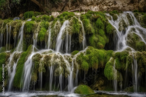 beautiful waterfall surrounded by lush green mossy rocks. Generative AI