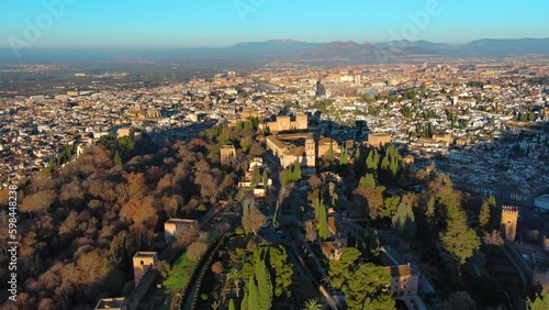 Aerial view of the famous Alhambra palace and fortress in Granada, Andalusia, Spain. It is one of the most famous monuments of Islamic architecture