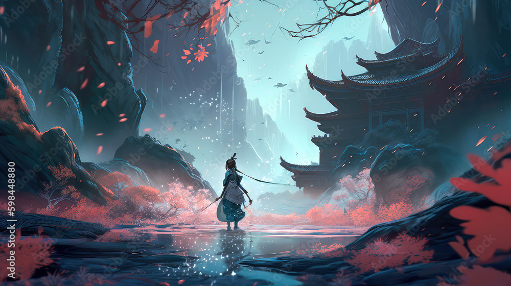 Chinese hero on the battlefield with a sword, amazing epic Chinese ancient theme, fantasy and water ink style, anime illustration. Generative AI - obrazy, fototapety, plakaty 