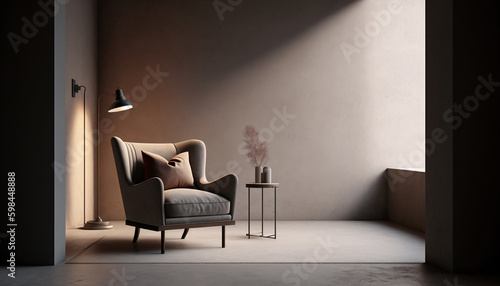 Beige living room interior mockup with armchair and lamp, Generative AI