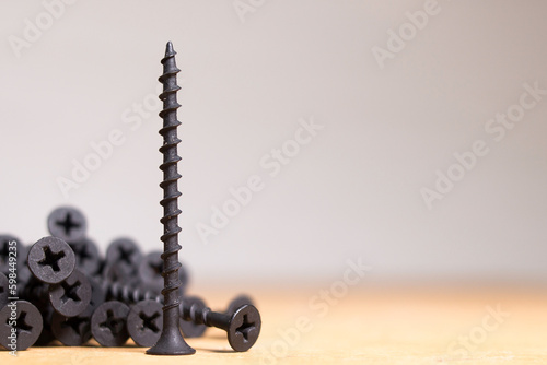 black screws on a wooden surface sorted by size