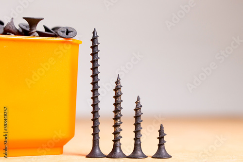 black screws on a wooden surface sorted by size