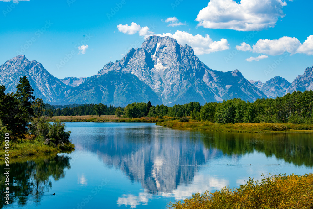 Mt Moran reflecting in Snake River, Grand Teton National Park, Wyoming, United States.