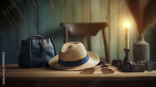 Hat and accessories on a wooden background. Travel concept. Generative AI