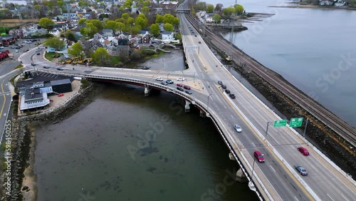 Large bridge over the water with traffic - aerial footage and moving