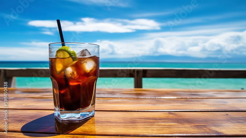 Cuba Libre cocktail on background with blue sea and sky tropical background. Generative AI