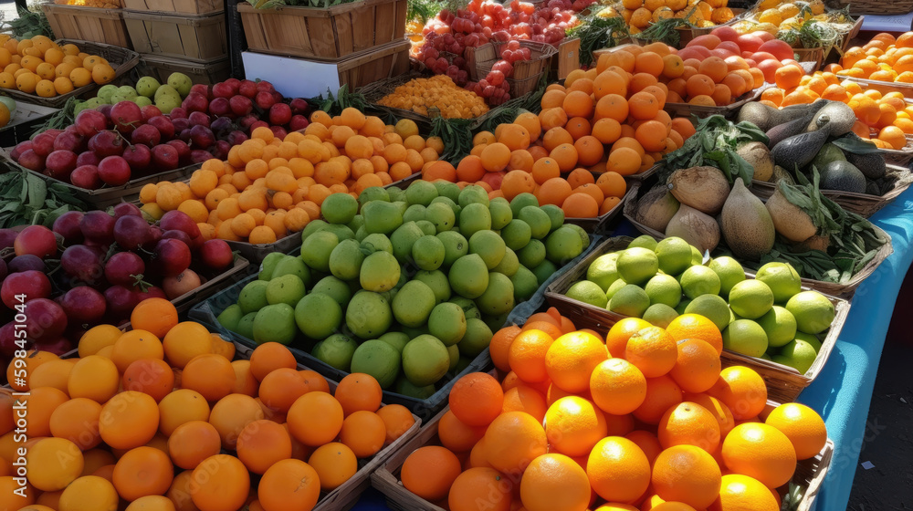 Fresh market produce at an outdoor farmer's market. fresh vegetables fruits at a local farmer's market. Generative AI
