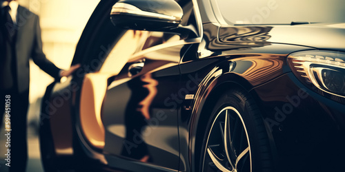 Professional driver near luxury car, closeup. Chauffeur service