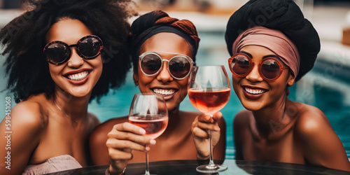 Happy stylish African American woman and her friends with summer cocktails and having fun at swimming pool. Summer vacation concept, digital ai art