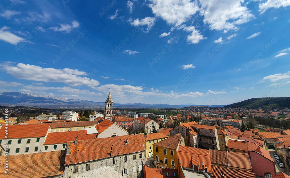 Rooftop cityscape view at Sinj, Dalmatia, Croatia, in early spring during a sunny day