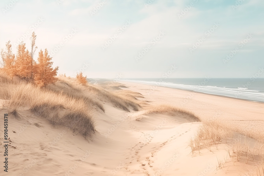 Calm beach landscape in pastel colors. Serene scene resembling minimalistic painting in light pastel tones. AI generated image Calm beach landscape in pastel colors. Serene scene resembling minimalistic painting in light pastel tones. AI generated image