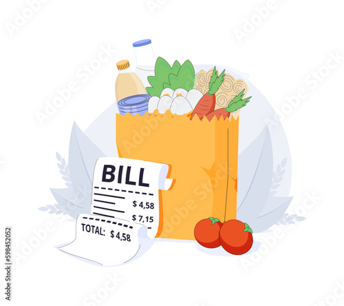 Shopping bag flat vector cartoon. Grocery store. Paper and plastic packages filled with healthy, plant-based grocery Generative AI