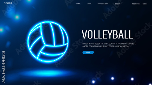 A web banner with a neon ball for playing volleyball on a blue background.