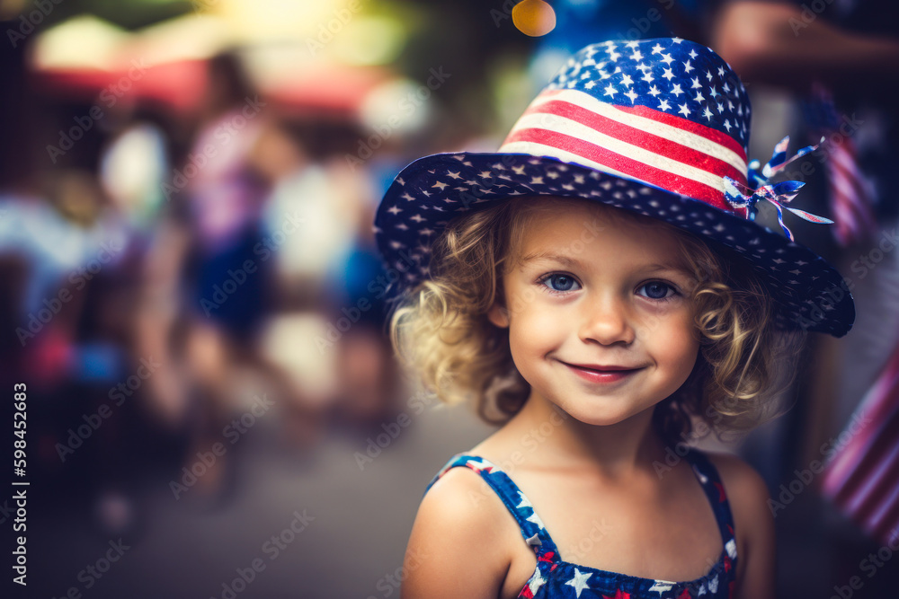 Happy child with patriotic hat celebrating the 4th of July, Independence Day, Memorial Day. Generative AI Happy child with patriotic hat celebrating the 4th of July, Independence Day, Memorial Day. Generative AI