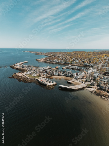 Aerial photos of a town on the ocean