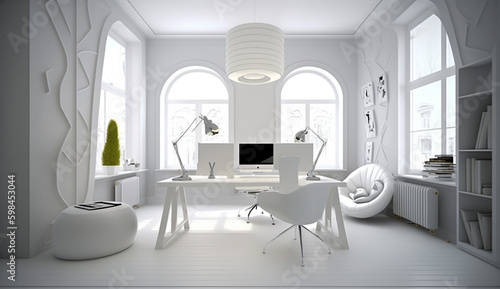 A white office with a large window and a desk with a chair and a lamp. Generative AI