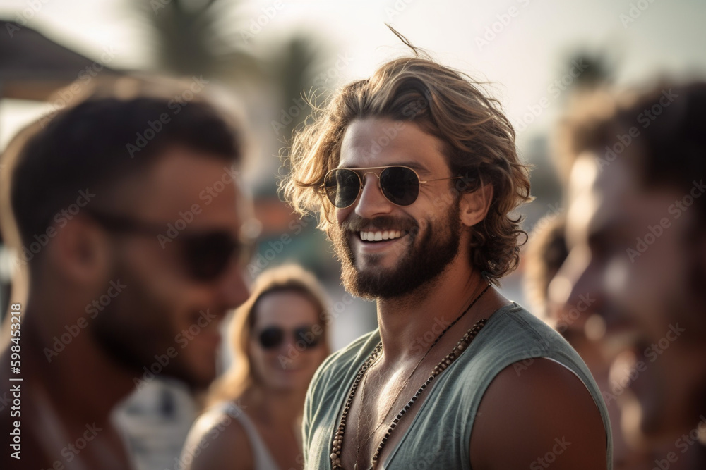 joy on vacation, group on sandy beach. Generative AI