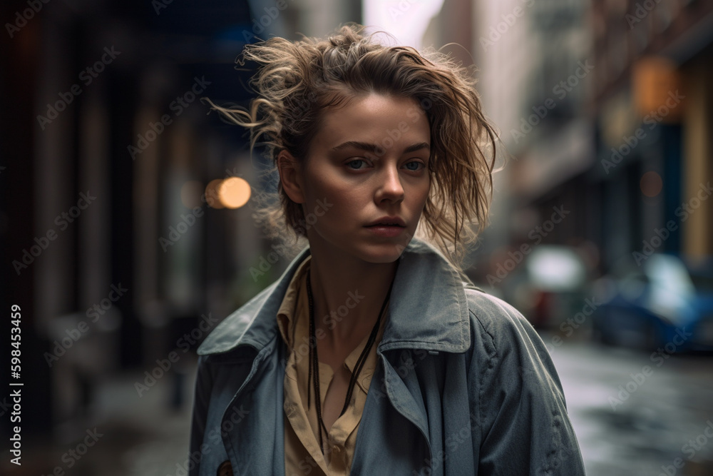 woman walks down the street, fictional place. Generative AI woman walks down the street, fictional place. Generative AI