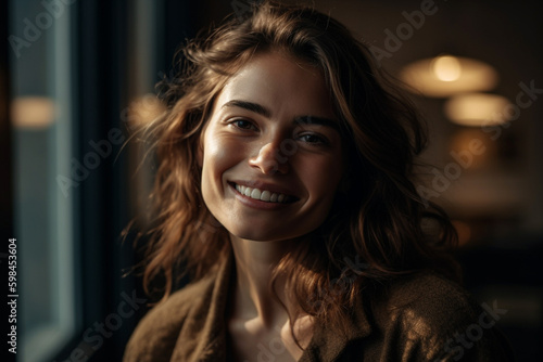 smile woman with a timeless, classic beauty. Her hair is styled in loose waves, and her makeup is subtle and elegant. Generative AI