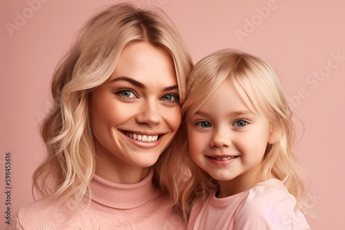 young adult woman is mother, little child girl, cute and sweet family, portrait closeup. Generative AI