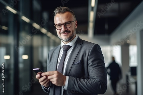 adult mature man in suit holding a mobile phone in a big modern building or office, joy and fun working as a manager. Generative AI