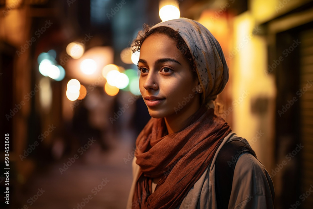 young adult woman female with head scarf in a old town, smiling happy leisure time in a side street, locals, fictional place. Generative AI young adult woman female with head scarf in a old town, smiling happy leisure time in a side street, locals, fictional place. Generative AI