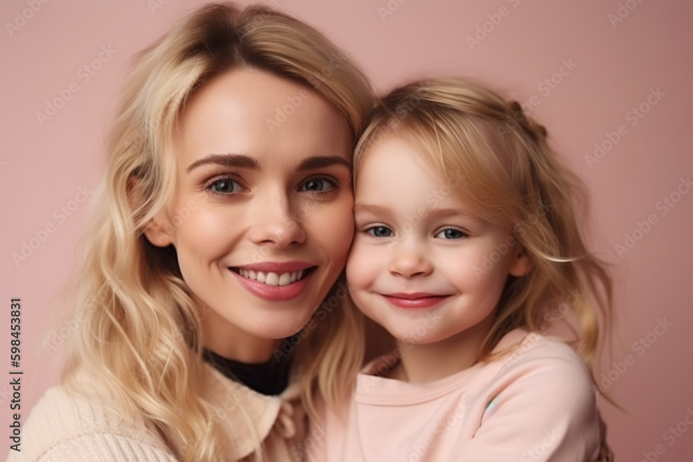 young adult woman is mother, little child girl, cute and sweet family, portrait closeup. Generative AI young adult woman is mother, little child girl, cute and sweet family, portrait closeup. Generative AI