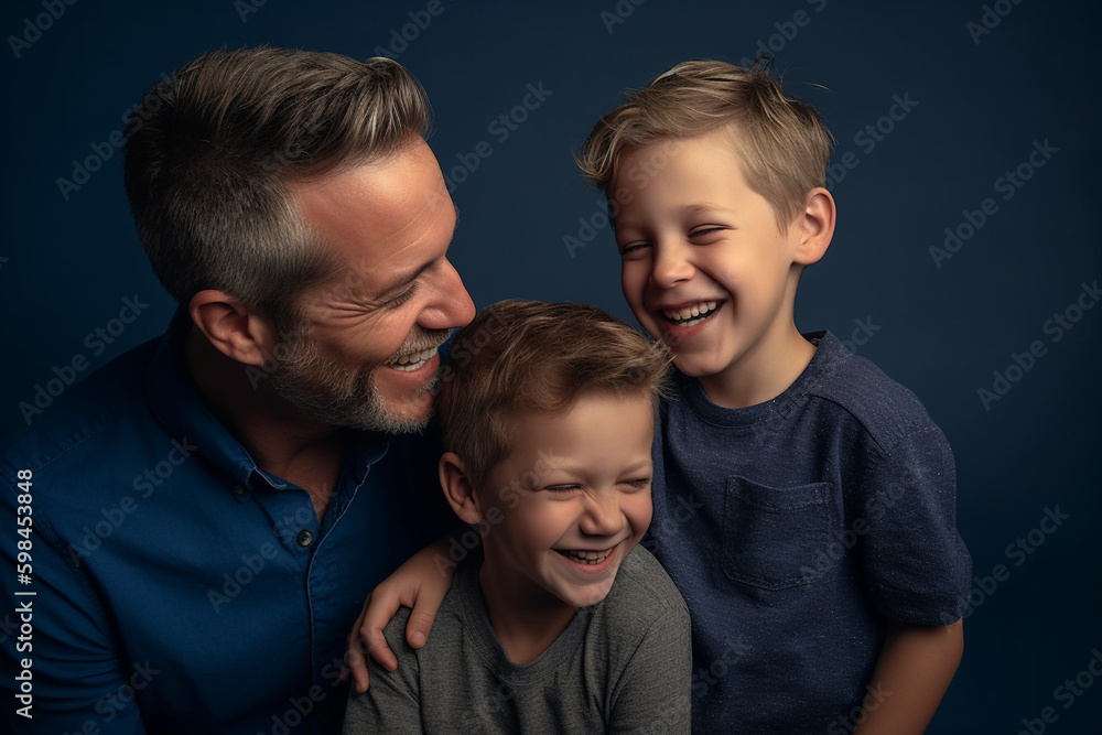 adult man is father and two boys as happy family. Generative AI adult man is father and two boys as happy family. Generative AI