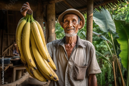 a proud farmer shows a enormous banana, abstract. Generative AI © wetzkaz