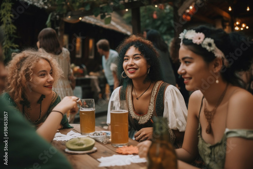oktoberfest or spring festival or other event with dirndl and beer, fictional place. Generative AI