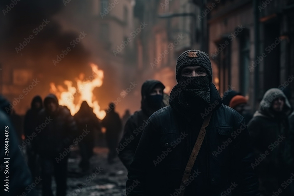 fictional looting or demonstration, robbery or theft, masked men on a street in a city commit violence with fire or a explosion and mass of people. Generative AI fictional looting or demonstration, robbery or theft, masked men on a street in a city commit violence with fire or a explosion and mass of people. Generative AI
