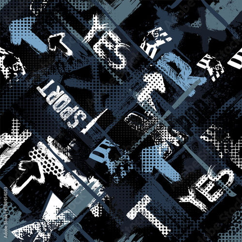 Abstract black and white seamless grunge pattern for boy. Urban style modern background with lightning, dots, geometric, words sport, letters and spray elements. Drive modern creative wallpaper