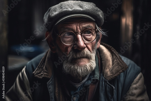 homeless old man alone, sad or thoughtful face expression. Generative AI