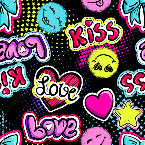Fashion patch badges in sketch comics style. Abstract seamless pattern. Hearts,stars, eyes, other elements on black background.