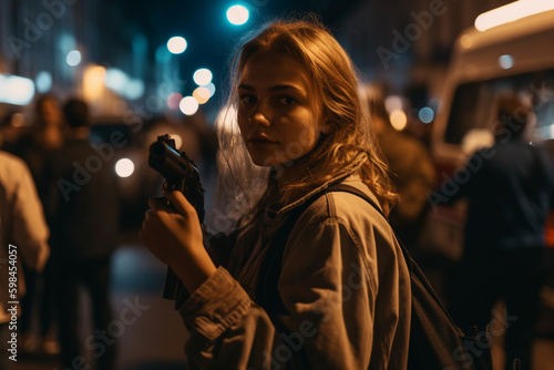 armed young adult people or adolescent girls and boys, on the street in a city, protesting and demonstrating violently or rioting and looting. Generative AI